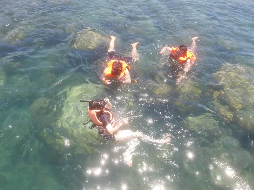 Guests in life jackets snorkeling over the reef, Koh Samui