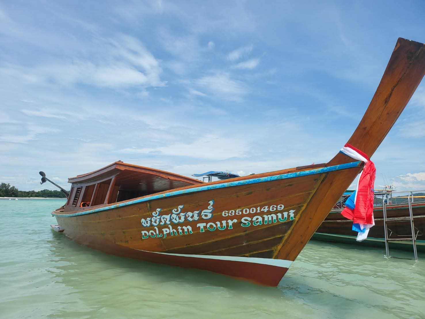 The Dolphin Tour Samui wooden longtail boat anchored in shallow turquoise water